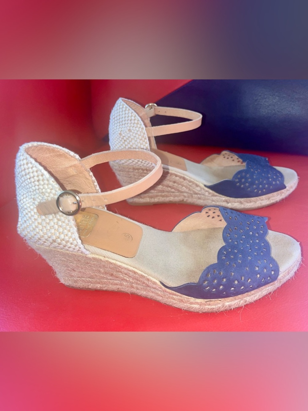 Kanna Espadrille Wedge Suede Sandal Navy Blue Beige Made In Spain Size 37 /6.5